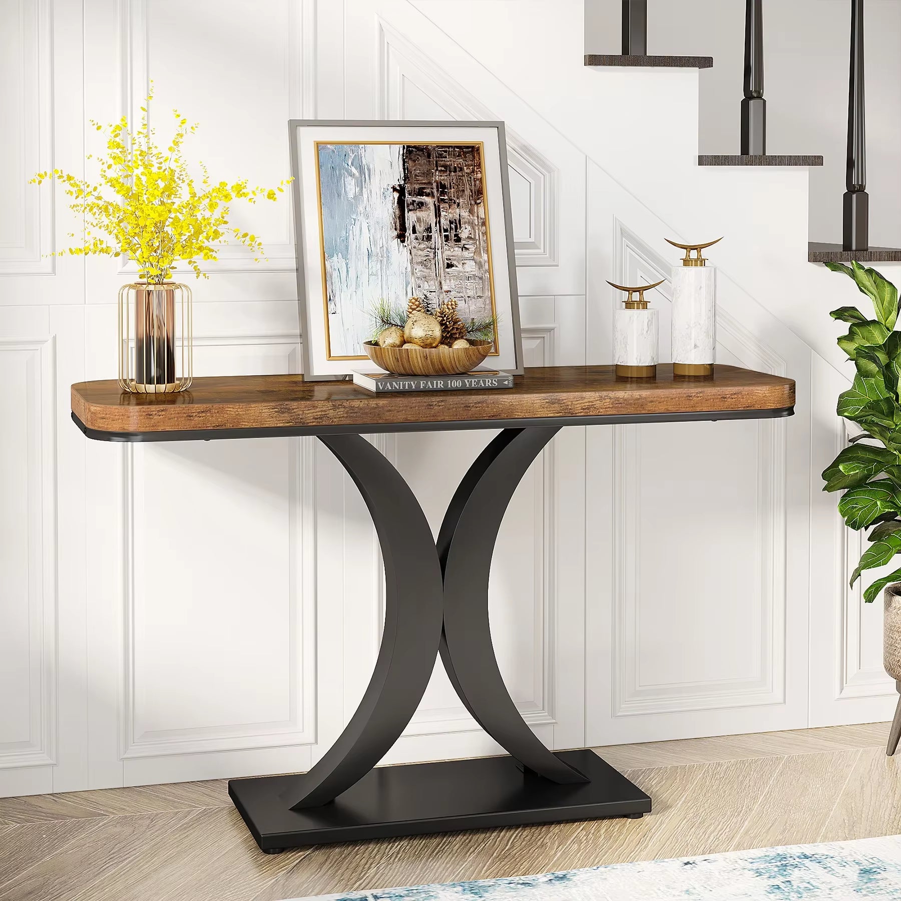 Industrial Console Table, 40 Inch Narrow Entryway Foyer Table with Geometric Base, Rustic Hallway Accent Table