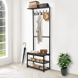 LOYALHEARTDY Coat Rack Free Standing with Shoe Storage Bench 3-In-1 Entryway Bench with 5 Hooks Shoe Bench for Hallway Black