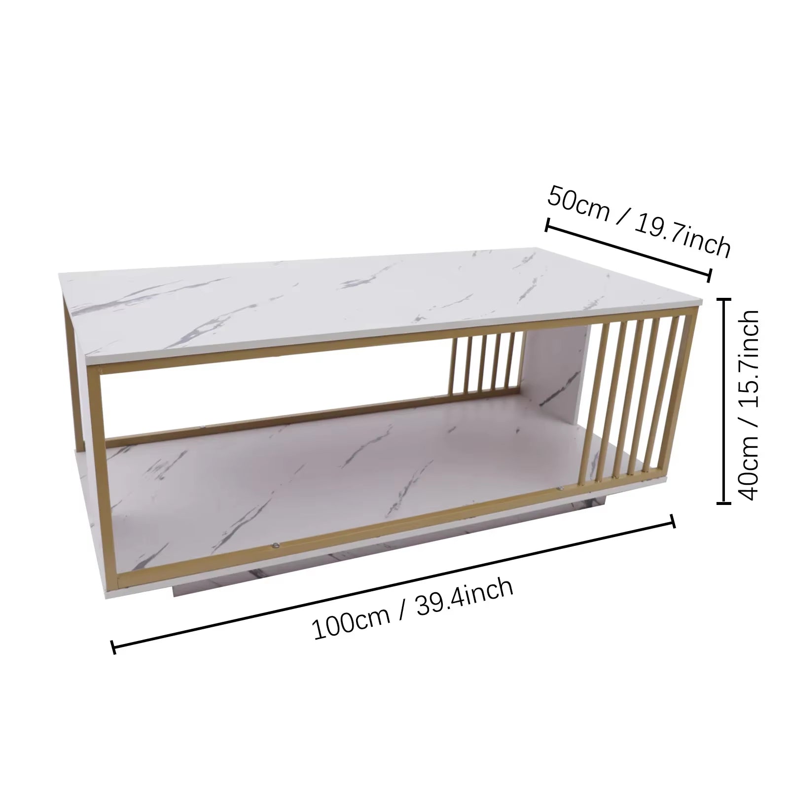 Coffee Table-100*50*40Cm-Golden Steel Frame+White Marble Color Rectangular Coffee Table with High-Gloss Marble Finish for Home U