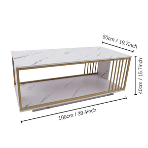 Coffee Table-100*50*40Cm-Golden Steel Frame+White Marble Color Rectangular Coffee Table with High-Gloss Marble Finish for Home U