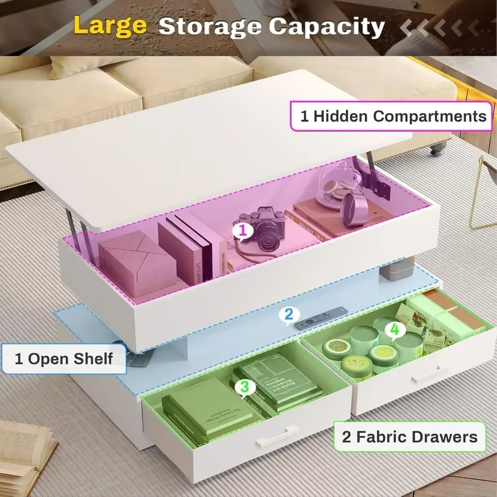 Lift Top Coffee Table, Coffee Tables with Storage for Living Room, Small Coffee Table with 2 Fabric Drawers & LED Light