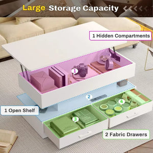 Lift Top Coffee Table, Coffee Tables with Storage for Living Room, Small Coffee Table with 2 Fabric Drawers & LED Light