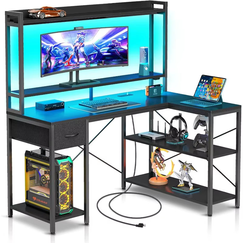 Gaming Desk with LED Light & Power Outlets, 47 Inch Computer Desk with Shelves, Reversible L Shaped Desk With