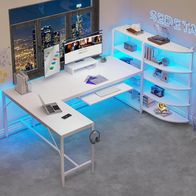 L Shaped Computer Desk, 63'' Desk with Storage Shelves, Keyboard Tray, Monitor Stand and Headphone Hook, Corner Gaming Desk