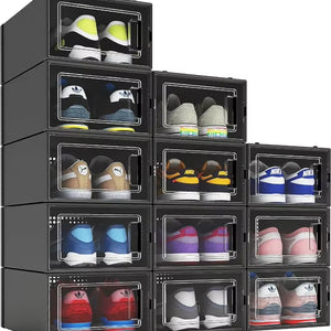 12 Pack Shoe Organizer Boxes Black Plastic Stackable Shoe Storage Bins for Closet, Space Saving Shoe Holder Sneaker Display Case