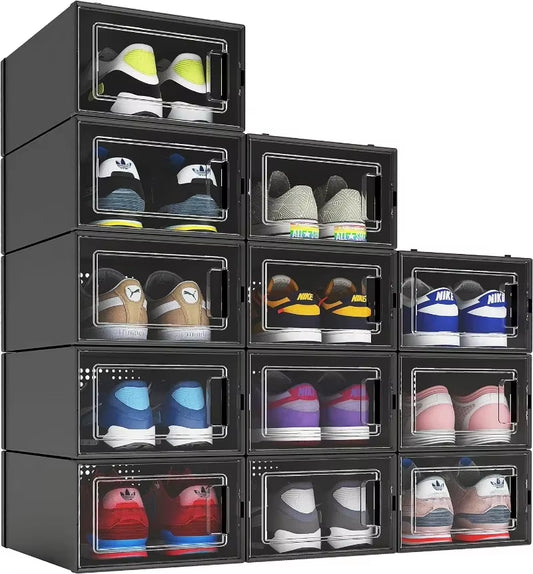 12 Pack Shoe Organizer Boxes Black Plastic Stackable Shoe Storage Bins for Closet, Space Saving Shoe Holder Sneaker Display Case