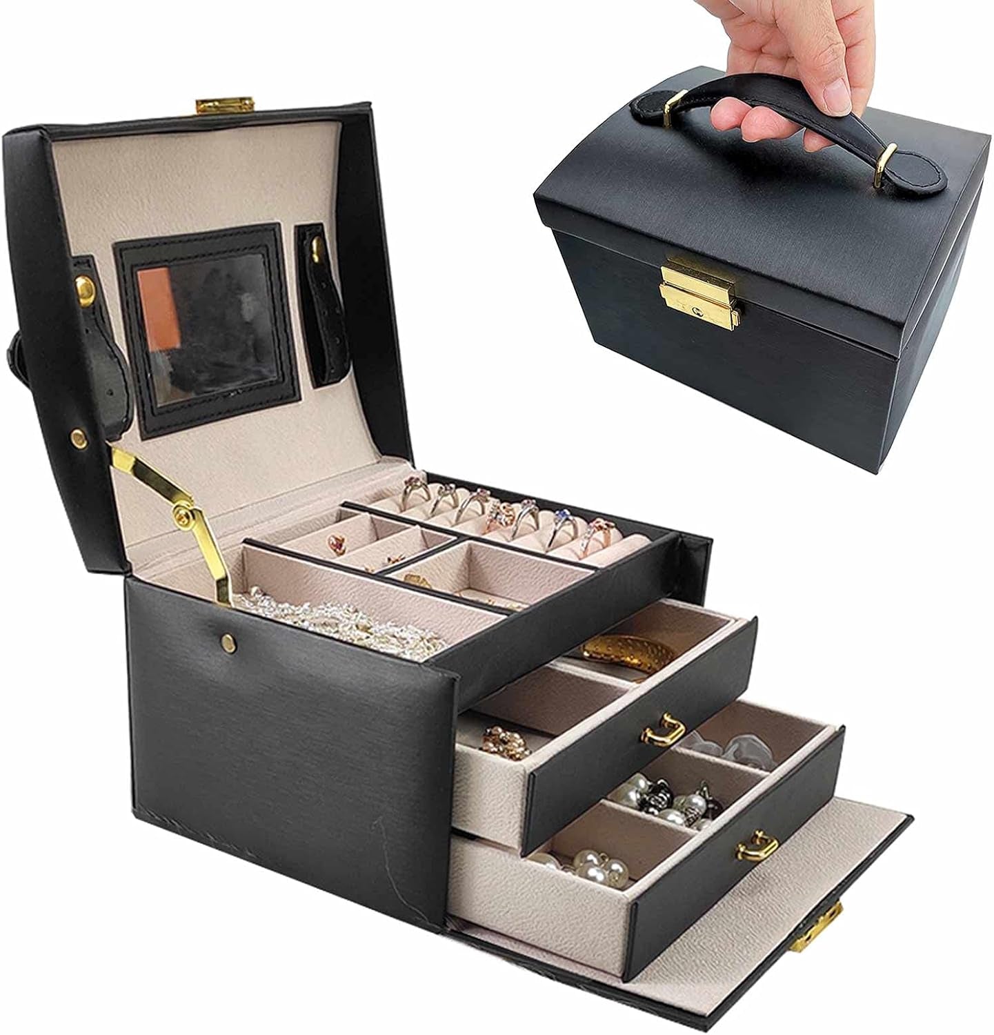 Women’S Jewelry Box, Premium PU Leather, 3-Tier Medium Sized Jewelry Storage and Display Organizer with Lock, Portable Travel Case for Earrings Bracelets Necklaces and Rings, Black