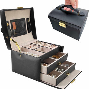 Women’S Jewelry Box, Premium PU Leather, 3-Tier Medium Sized Jewelry Storage and Display Organizer with Lock, Portable Travel Case for Earrings Bracelets Necklaces and Rings, Black