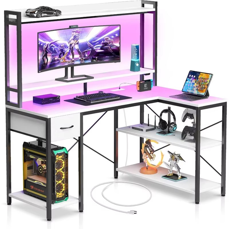 Gaming Desk with LED Light & Power Outlets, 47 Inch Computer Desk with Shelves, Reversible L Shaped Desk With