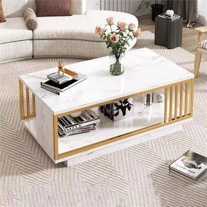 Coffee Table-100*50*40Cm-Golden Steel Frame+White Marble Color Rectangular Coffee Table with High-Gloss Marble Finish for Home U