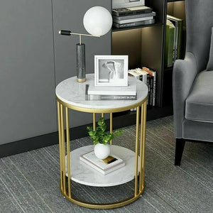 2-Tier White Marble Side Table round Coffee Table Nightstand Jewellery Storage