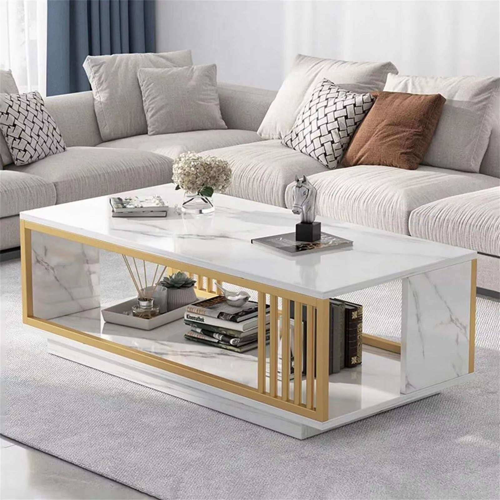 Coffee Table-100*50*40Cm-Golden Steel Frame+White Marble Color Rectangular Coffee Table with High-Gloss Marble Finish for Home U