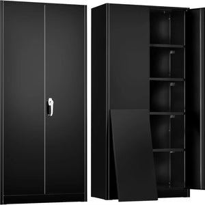 Storage Cabinet, 72” Black Garage Steel Locking Cabinet with Doors and 4 Adjustable Shelves, Tall Lockable File &Tool Cabinet Fo