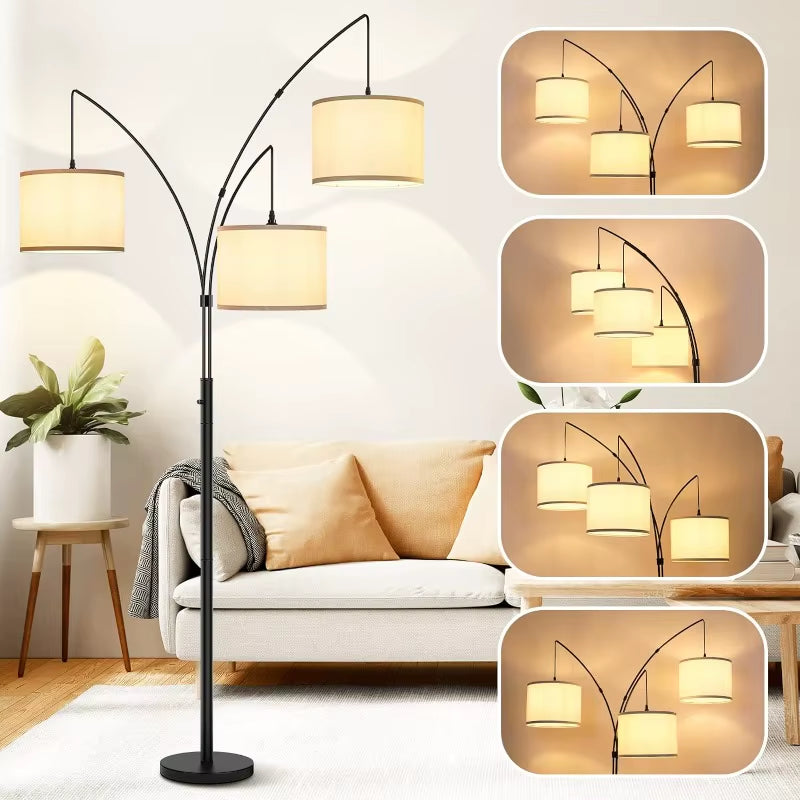 3 Lights Arc Floor Lamps for Living Room,Modern Tall Standing Lamp Hanging over the Couch with Shades & Heavy Base