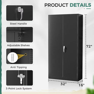 Storage Cabinet, 72” Black Garage Steel Locking Cabinet with Doors and 4 Adjustable Shelves, Tall Lockable File &Tool Cabinet Fo