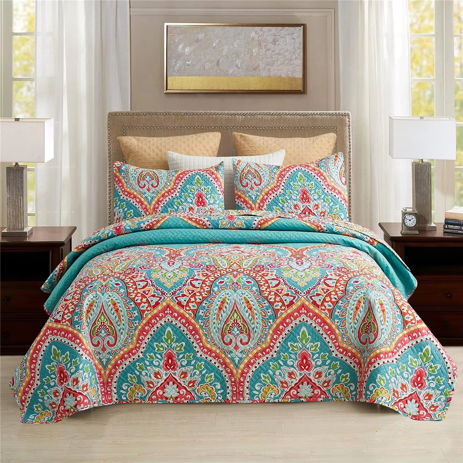 3-Piece Quilt Set with 2 Pillow Shams- Boho Reversible Soft and Lightweight Quilt Bedding Bedspread Coverlet Set