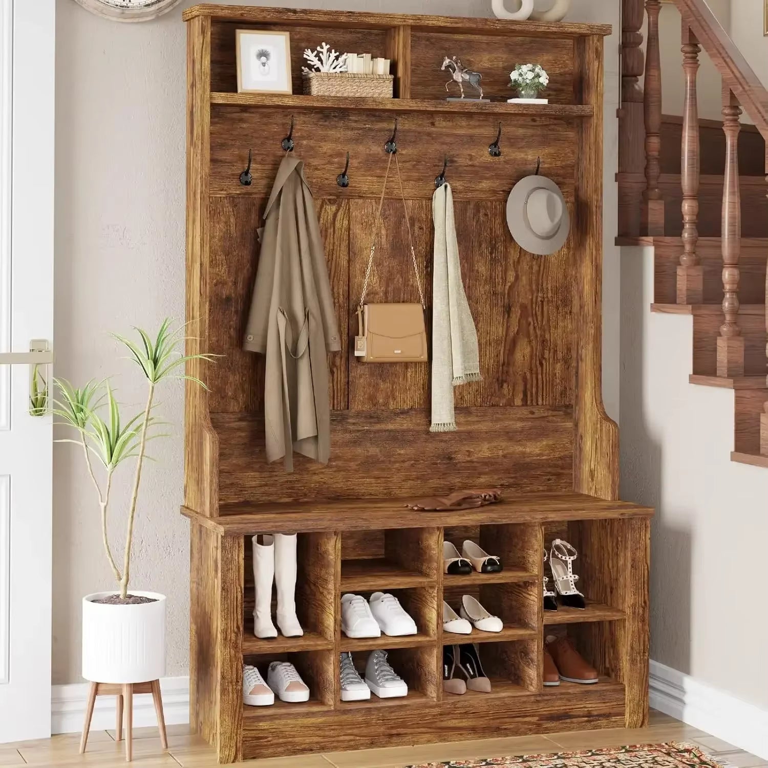 Hall Tree with Storage Bench, 3-In-1 Entryway Bench with Coat Rack, Hall Tree with Bench and Shoe Storage