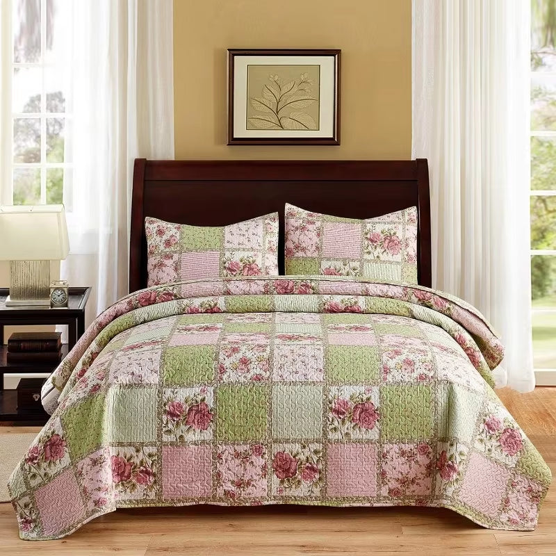 3-Piece Quilt Set with 2 Pillow Shams- Boho Reversible Soft and Lightweight Quilt Bedding Bedspread Coverlet Set