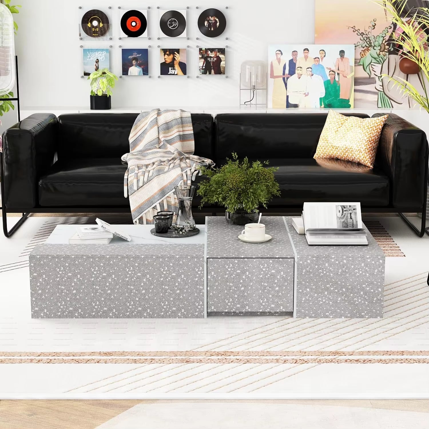 Modern Coffee Table with Lights & Glass Tabletop, Living Room Coffee Table with 2 Drawers, Central Table with Storage, White