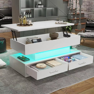 Lift Top Coffee Table, Coffee Tables with Storage for Living Room, Small Coffee Table with 2 Fabric Drawers & LED Light