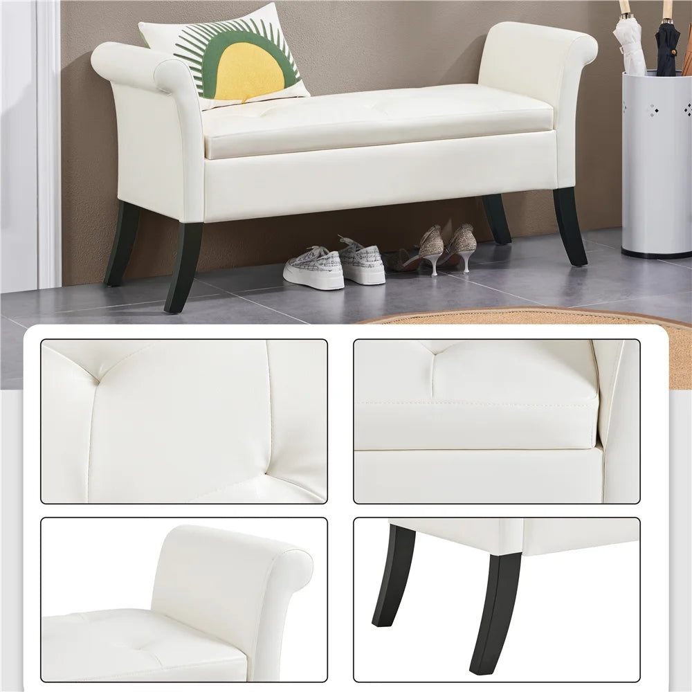 Faux Leather Upholstered Storage Bench with Rolled Armrests, White