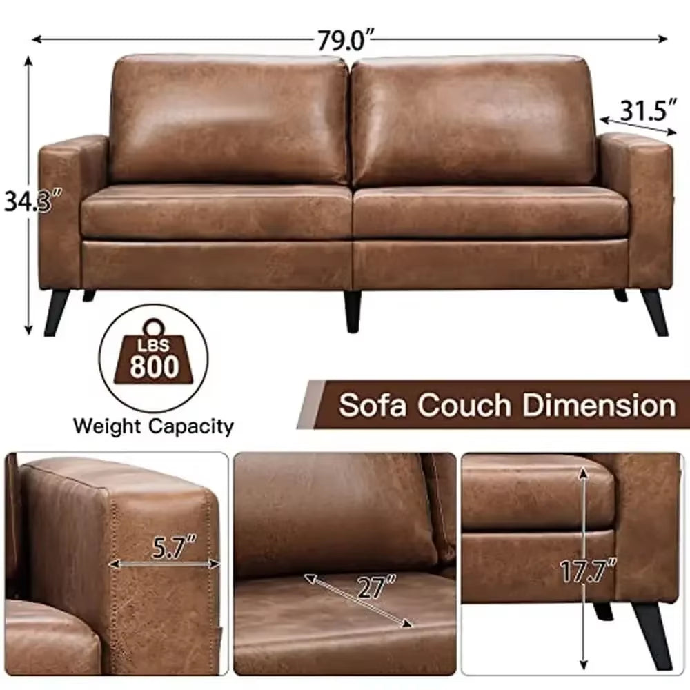 Mid-Century Modern Brown Faux Leather Sofa 79" Comfy Couch Spacious Seat Easy Assembly Durable PU Leather Loveseat Living Room