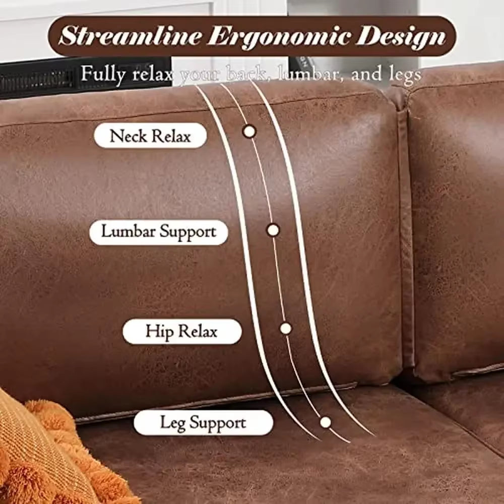 Mid-Century Modern Brown Faux Leather Sofa 79" Comfy Couch Spacious Seat Easy Assembly Durable PU Leather Loveseat Living Room