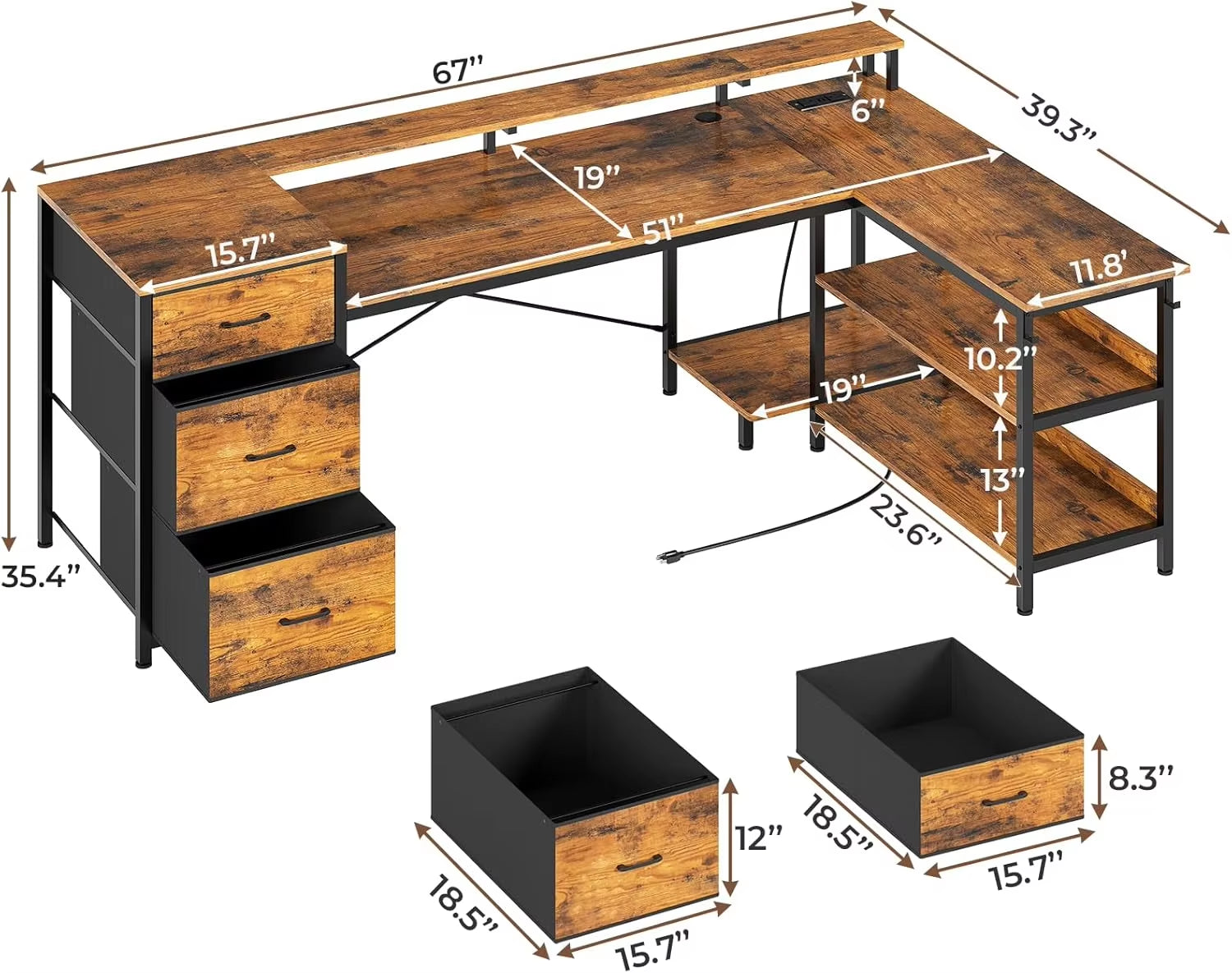 L Desk with 2 File Drawer, 67" Office Desk with Power Outlet, Corner Computer Desk with Monitor , Storage Shelves and 3 Drawer