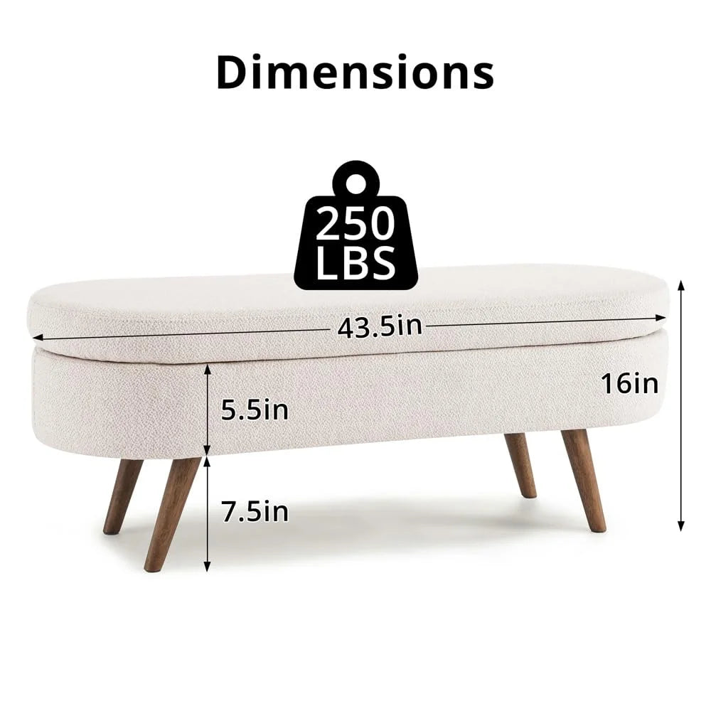 Ottoman Bench with Storage,Linen Fabric Upholstered Bench Bedroom Oval Storage Bench with Rubber Wood Legs for Living Room Bedroom Entryway,Grey