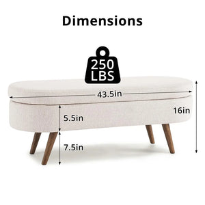 Ottoman Bench with Storage,Linen Fabric Upholstered Bench Bedroom Oval Storage Bench with Rubber Wood Legs for Living Room Bedroom Entryway,Grey