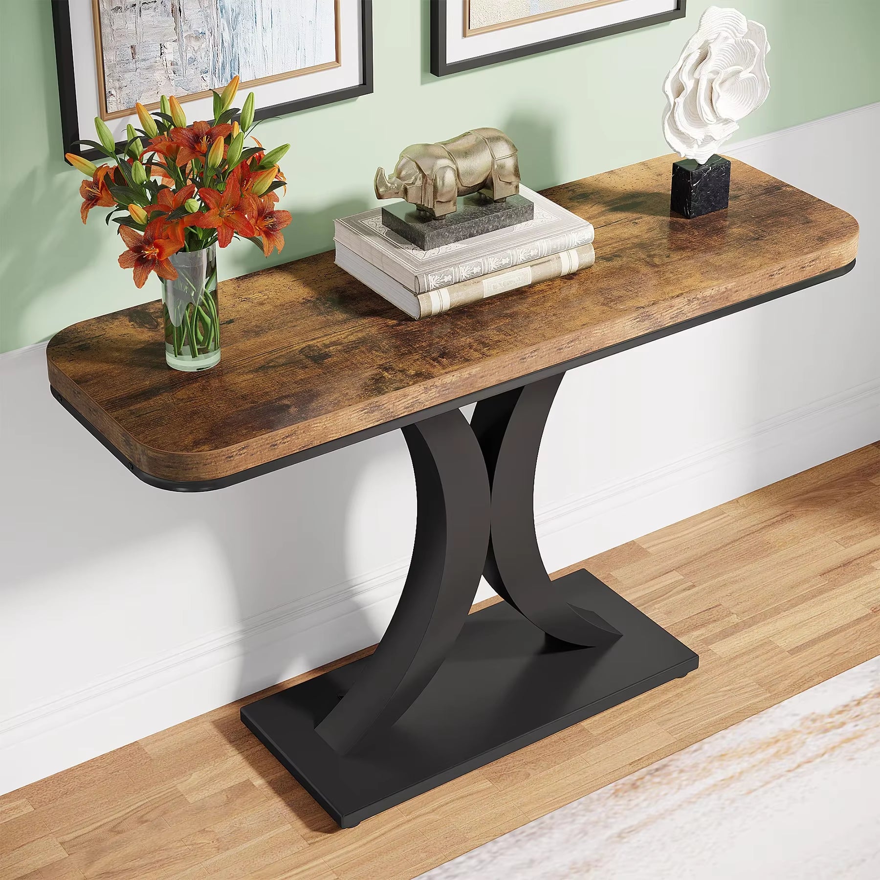 Industrial Console Table, 40 Inch Narrow Entryway Foyer Table with Geometric Base, Rustic Hallway Accent Table