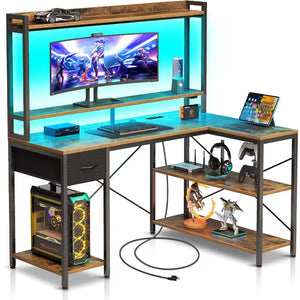 Gaming Desk with LED Light & Power Outlets, 47 Inch Computer Desk with Shelves, Reversible L Shaped Desk With