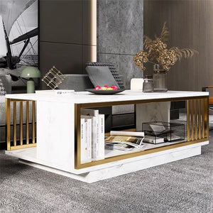 Coffee Table-100*50*40Cm-Golden Steel Frame+White Marble Color Rectangular Coffee Table with High-Gloss Marble Finish for Home U