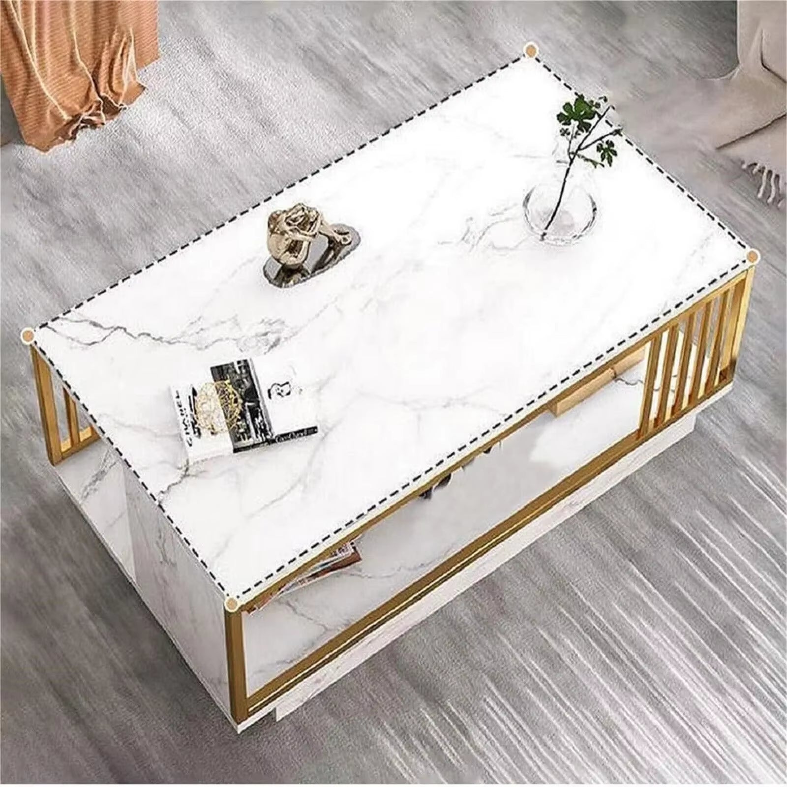 Coffee Table-100*50*40Cm-Golden Steel Frame+White Marble Color Rectangular Coffee Table with High-Gloss Marble Finish for Home U