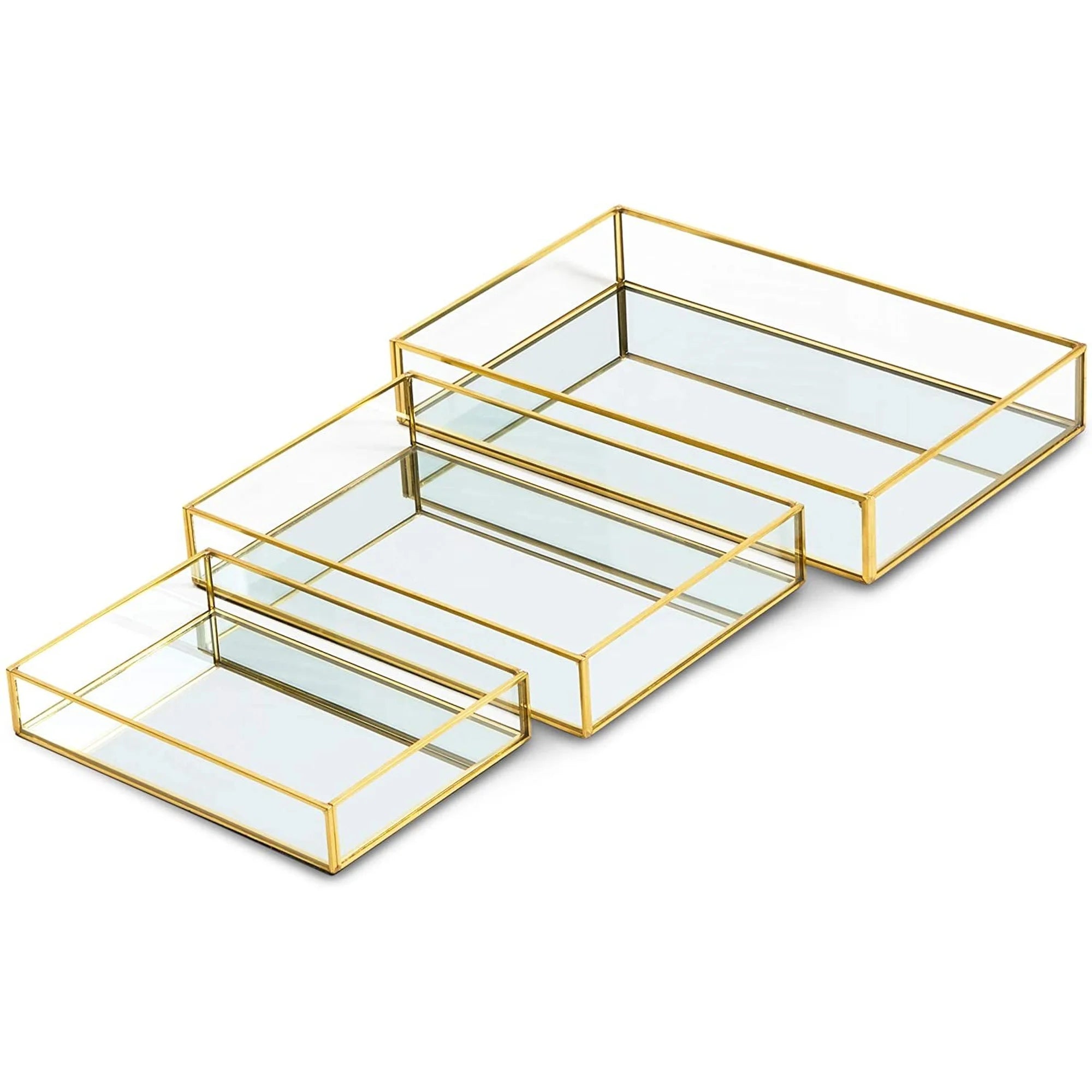 Set of 3 Gold Mirror Vanity Tray for Perfume, Makeup Display, Decorative Rectangle Glass Jewelry Organizer for Bathroom, Dresser (3 Sizes)