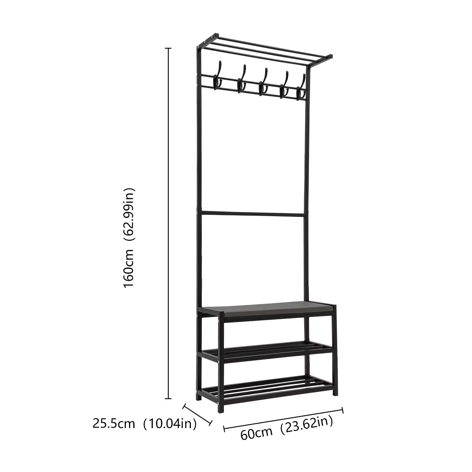 LOYALHEARTDY Coat Rack Free Standing with Shoe Storage Bench 3-In-1 Entryway Bench with 5 Hooks Shoe Bench for Hallway Black