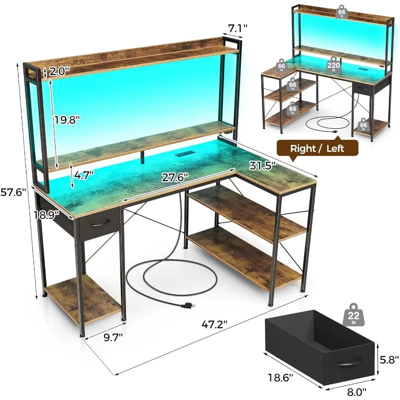 Gaming Desk with LED Light & Power Outlets, 47 Inch Computer Desk with Shelves, Reversible L Shaped Desk With