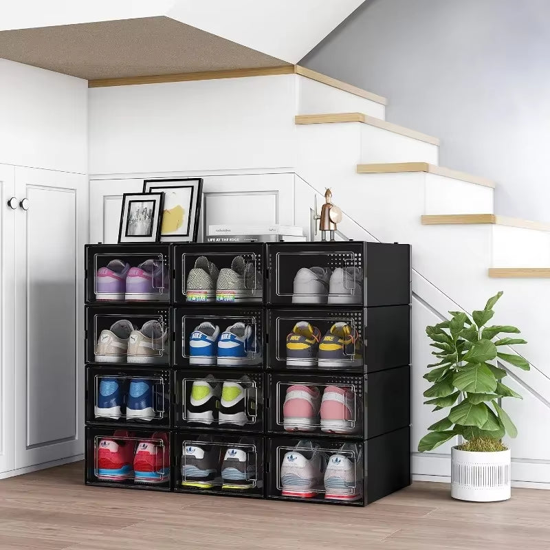 12 Pack Shoe Organizer Boxes Black Plastic Stackable Shoe Storage Bins for Closet, Space Saving Shoe Holder Sneaker Display Case