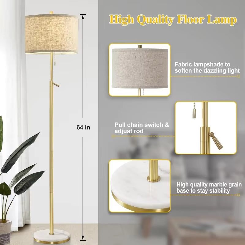 Marble Floor Lamp, Adjustable Height Standing Lamp with Marble Base Tall Lamp with Pull Chain Switch Floor Lamps