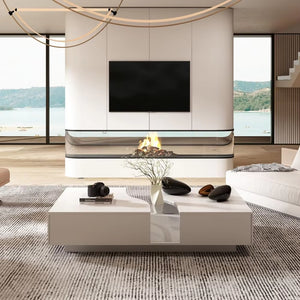 Modern Coffee Table with Lights & Glass Tabletop, Living Room Coffee Table with 2 Drawers, Central Table with Storage, White