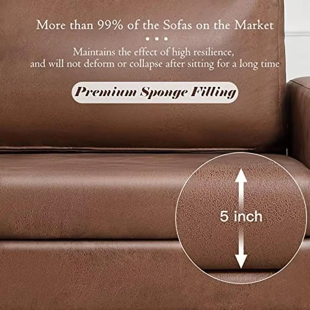 Mid-Century Modern Brown Faux Leather Sofa 79" Comfy Couch Spacious Seat Easy Assembly Durable PU Leather Loveseat Living Room