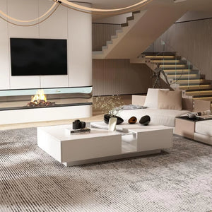 Modern Coffee Table with Lights & Glass Tabletop, Living Room Coffee Table with 2 Drawers, Central Table with Storage, White